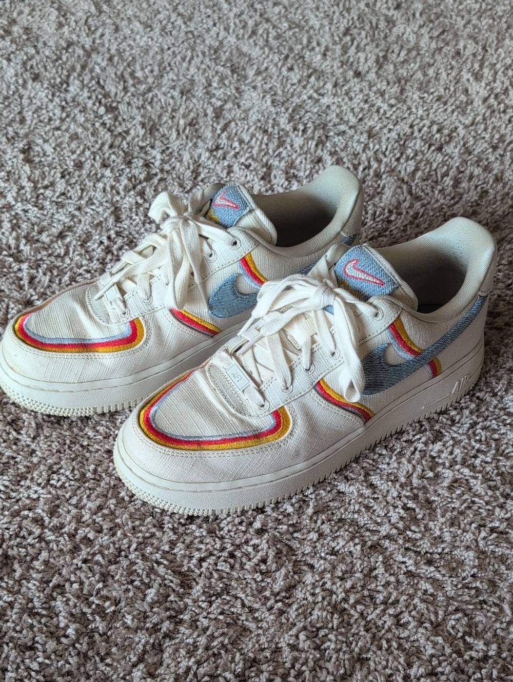 Nike Air Force 1 Cream Canvas Sneakers with Rainbow Stripe & Denim Accents